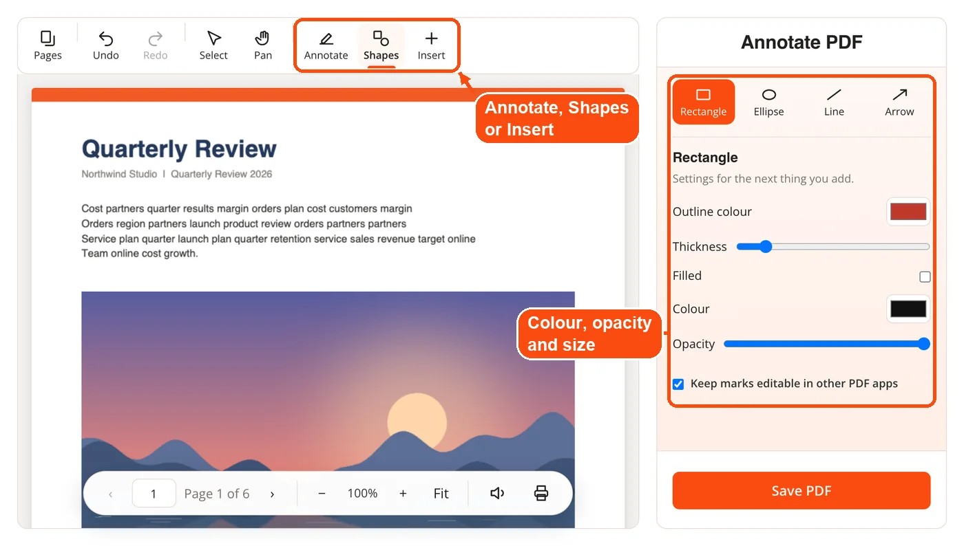 Shapes tools with colour and opacity