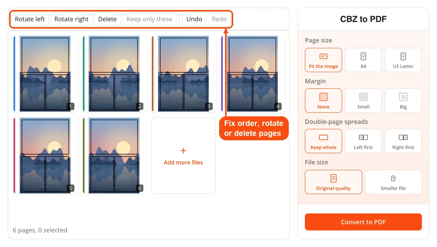 Toolbar for fixing page order and rotation