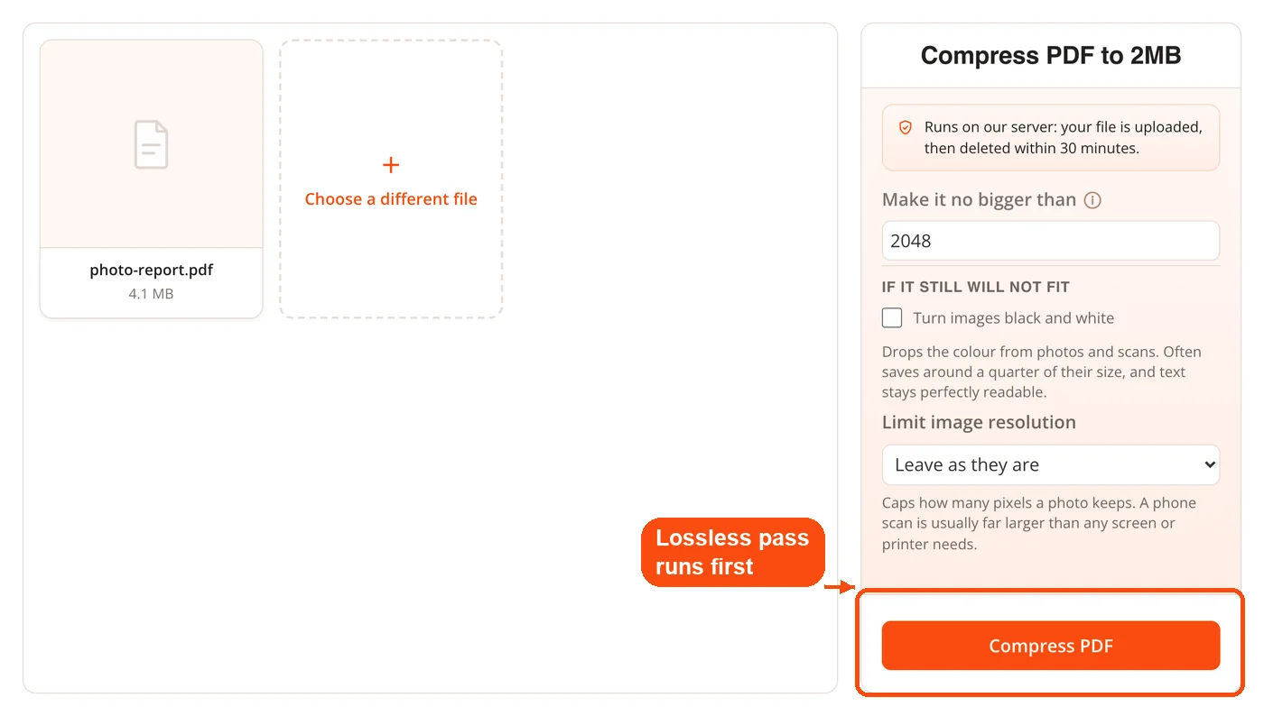 Compress button that starts the lossless pass