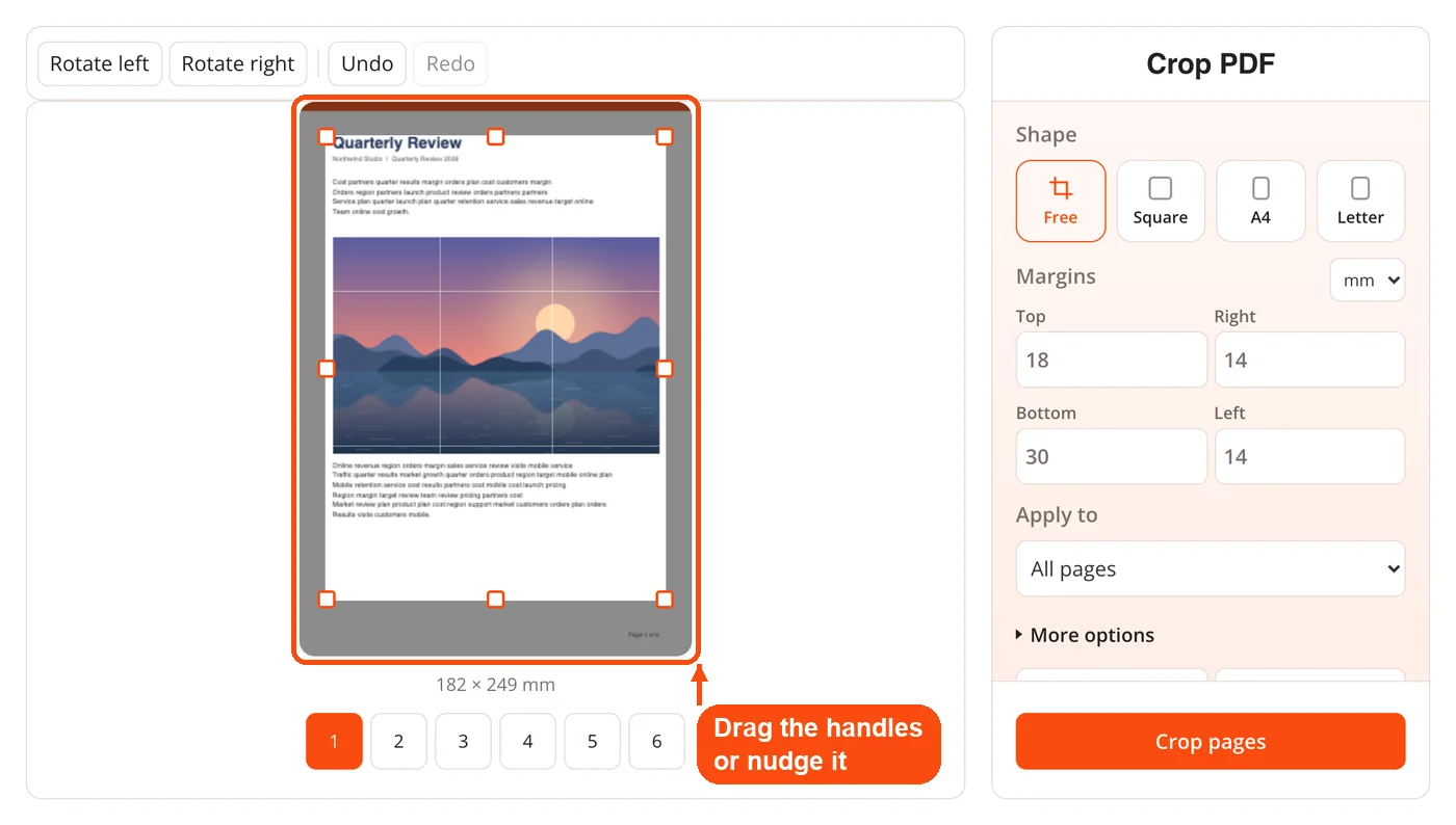 Crop box over the page with handles