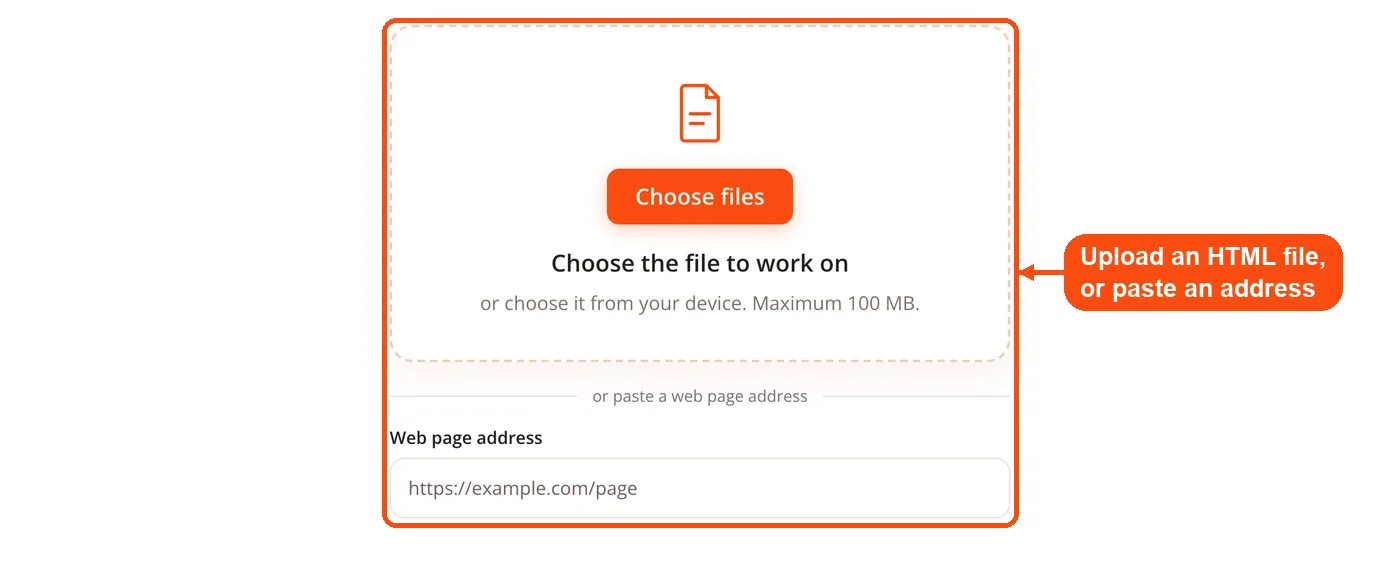 Upload area and web page address box