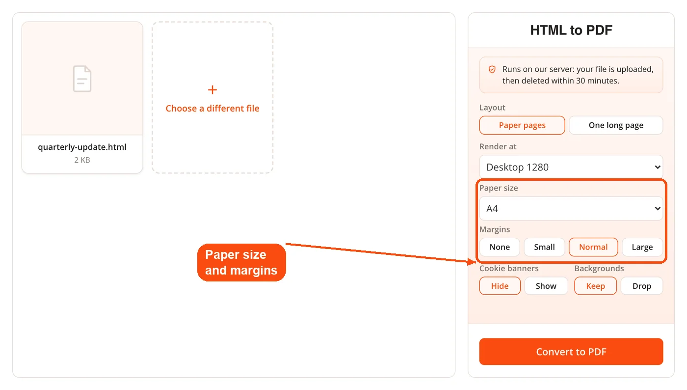 Paper size and margin options