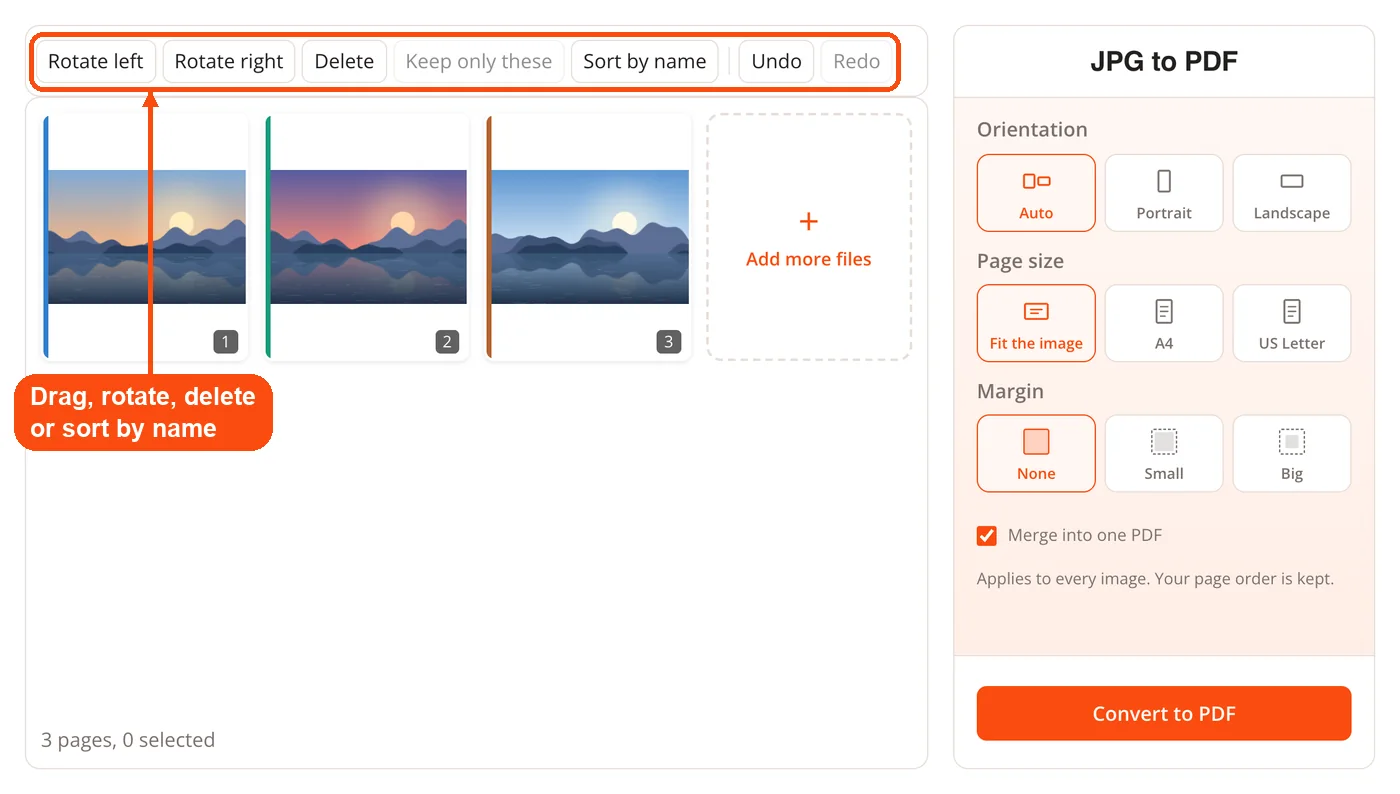 Toolbar for rotating, deleting and sorting pages
