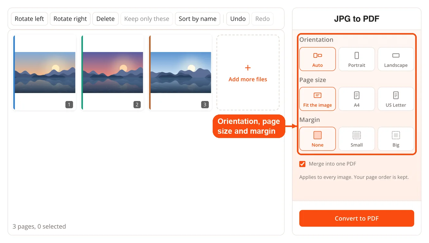 Orientation, page size and margin options