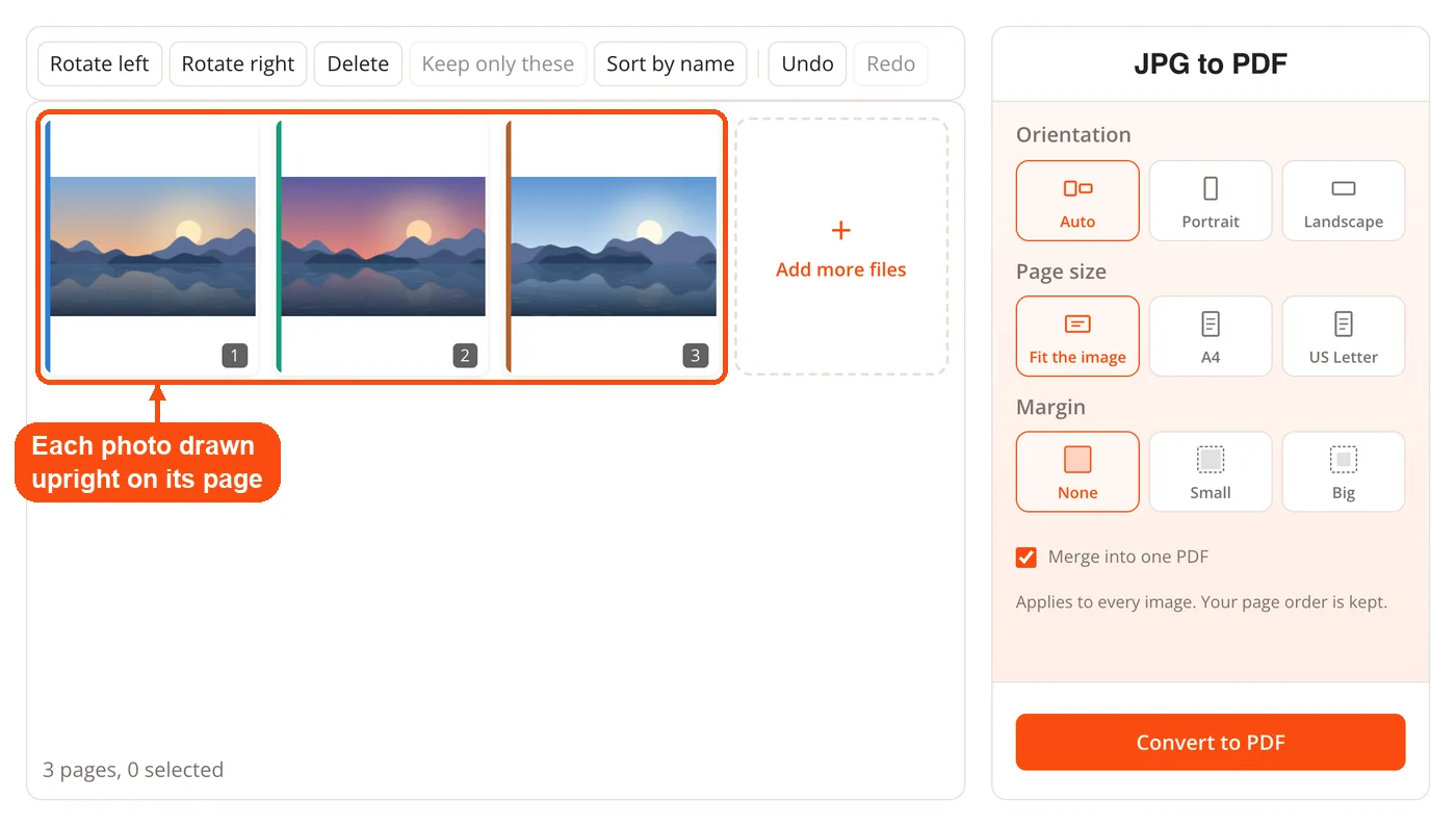 Photos placed upright as PDF pages