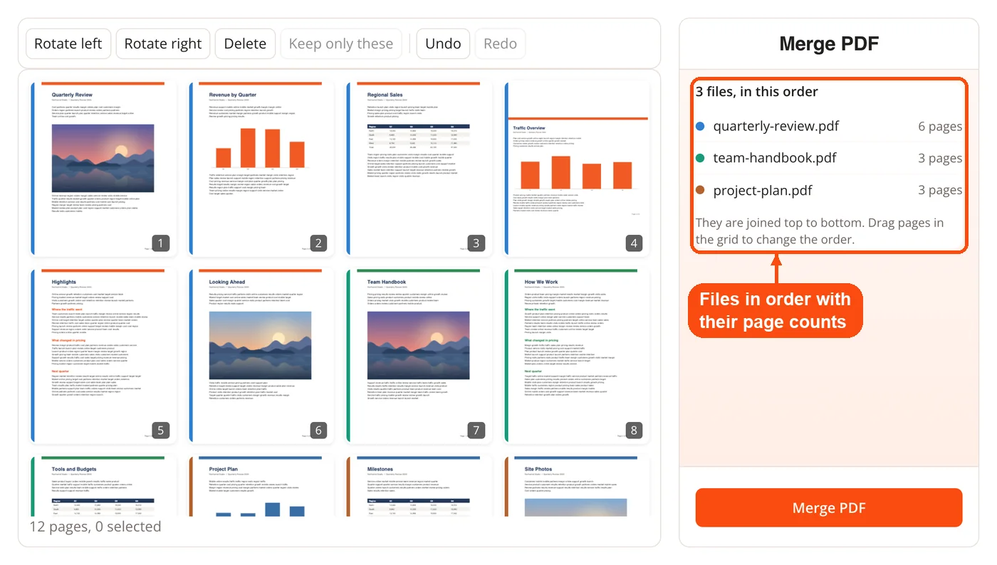 Merge list with files in order and page counts