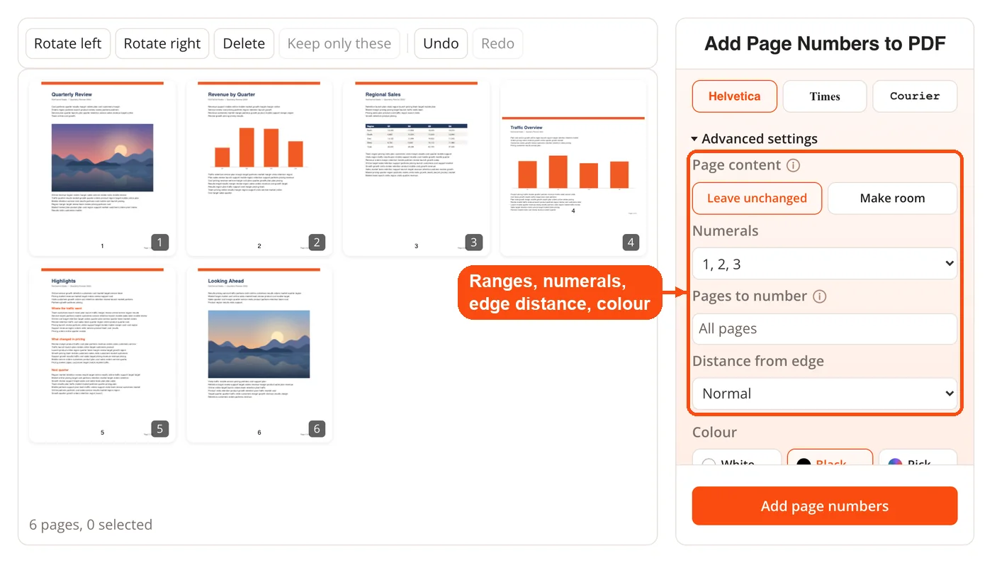 Advanced settings for page numbers
