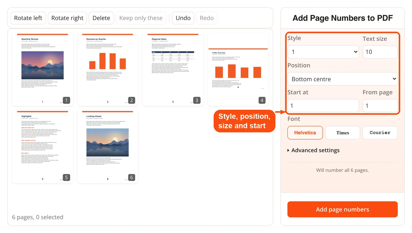 Number style, position, size and start options