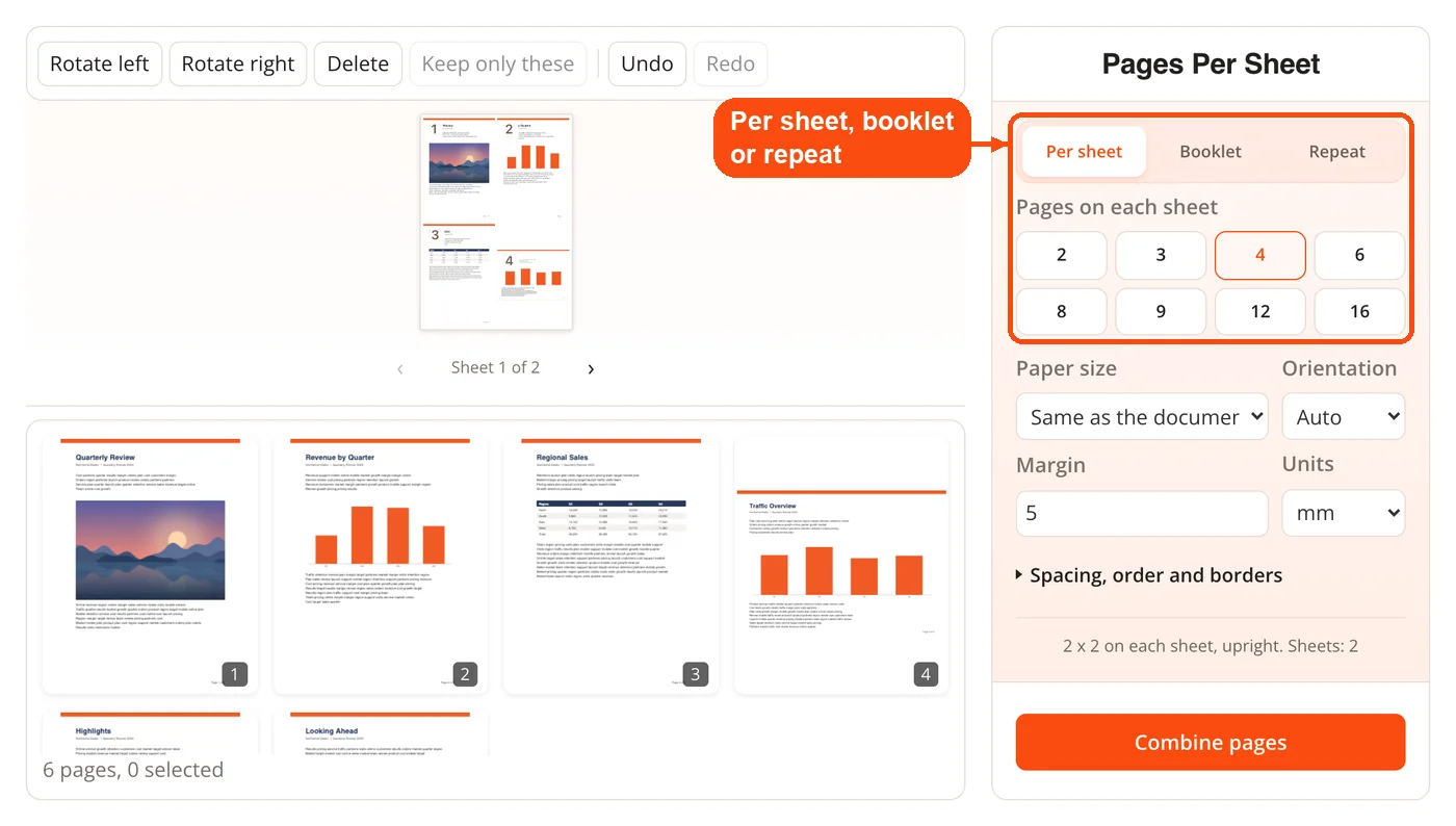 Per sheet, booklet or repeat and pages per sheet