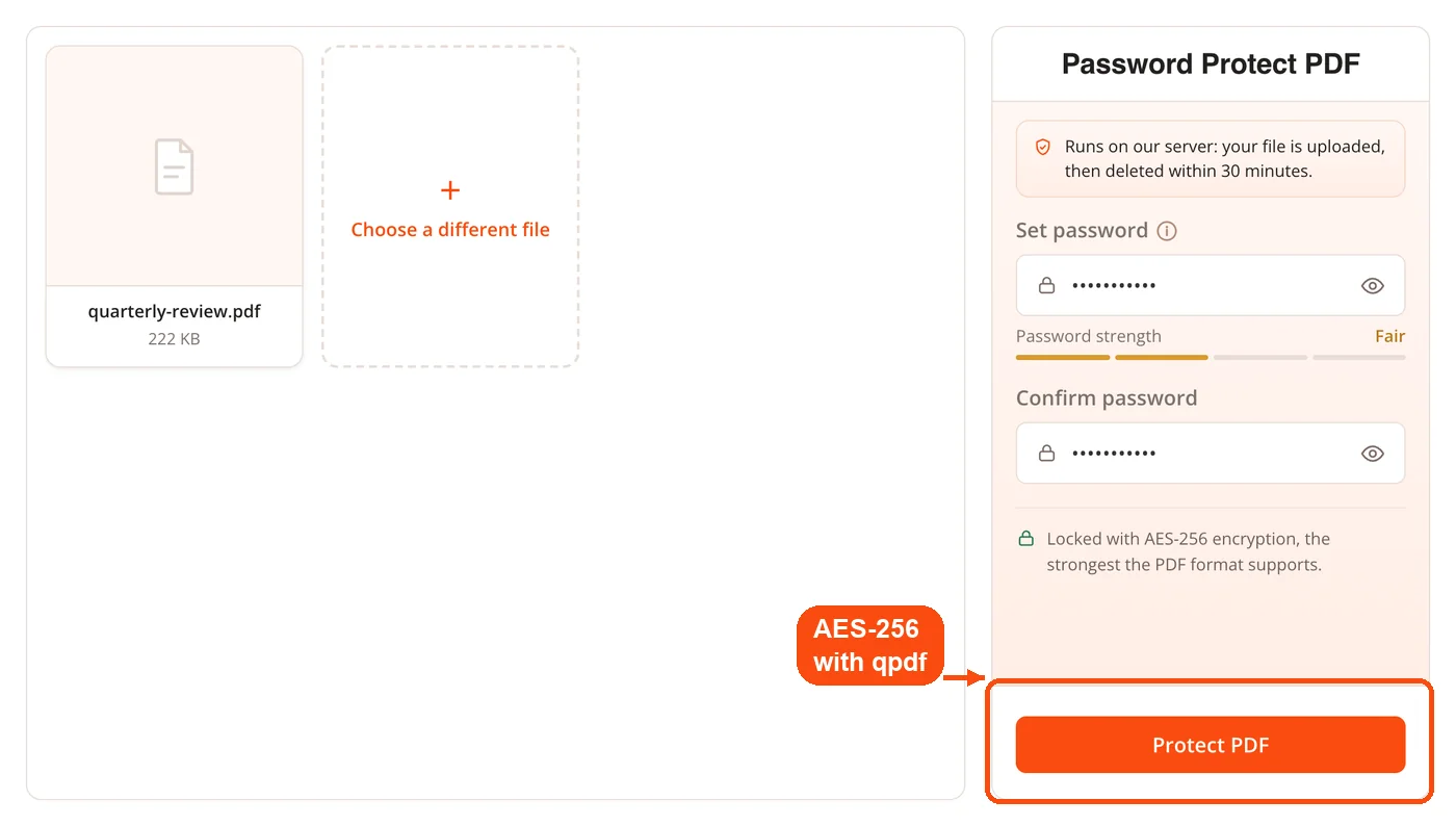 Protect PDF button for AES-256 encryption