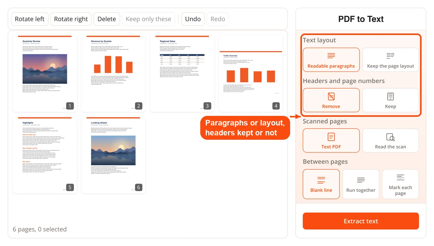 Text layout, headers and page options