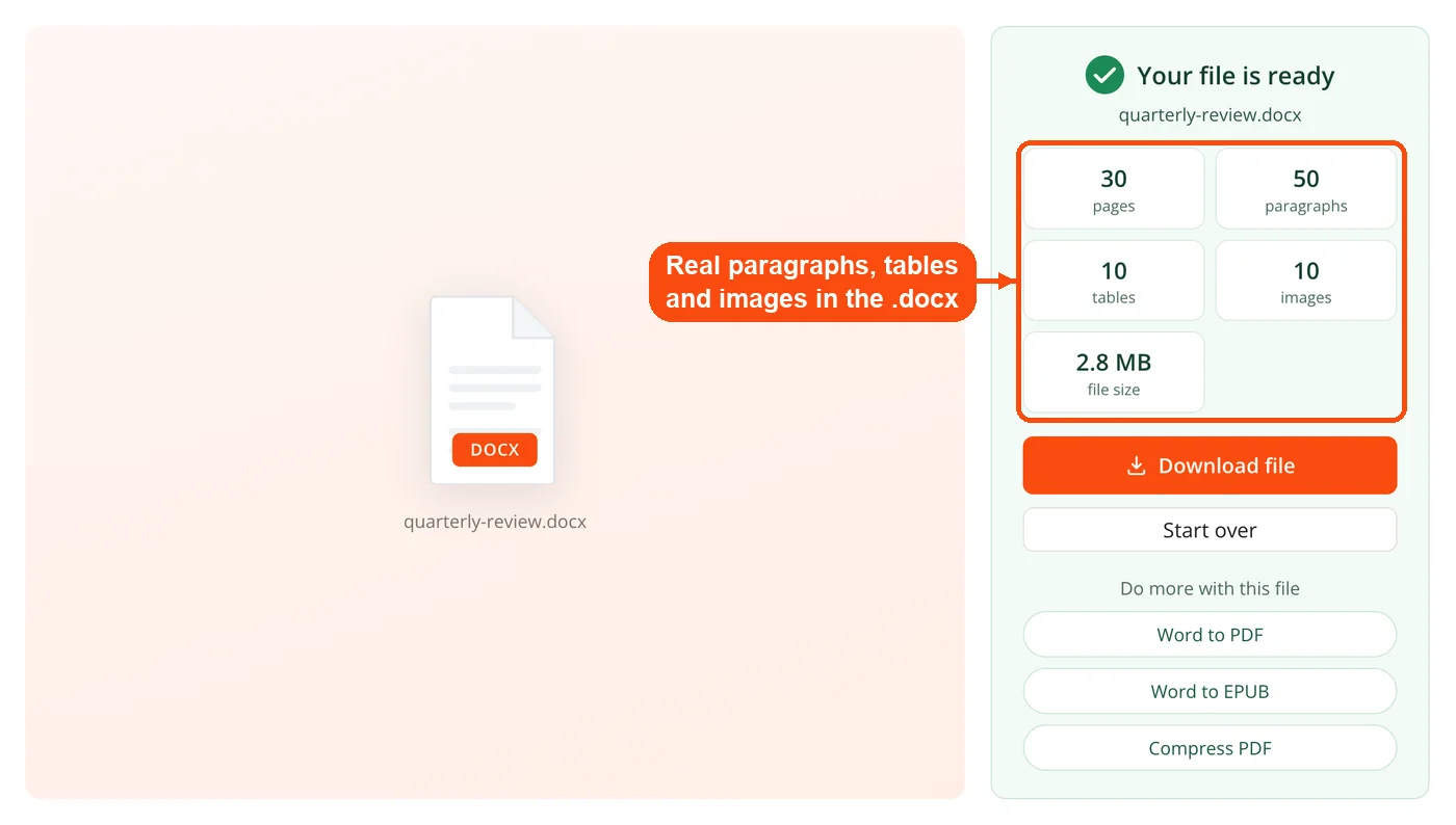 Result panel with page, table and image counts