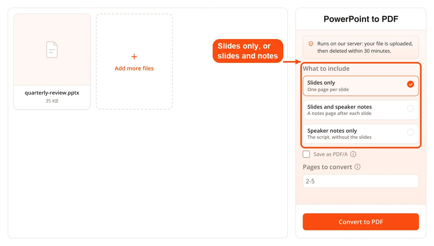 Options for slides and speaker notes