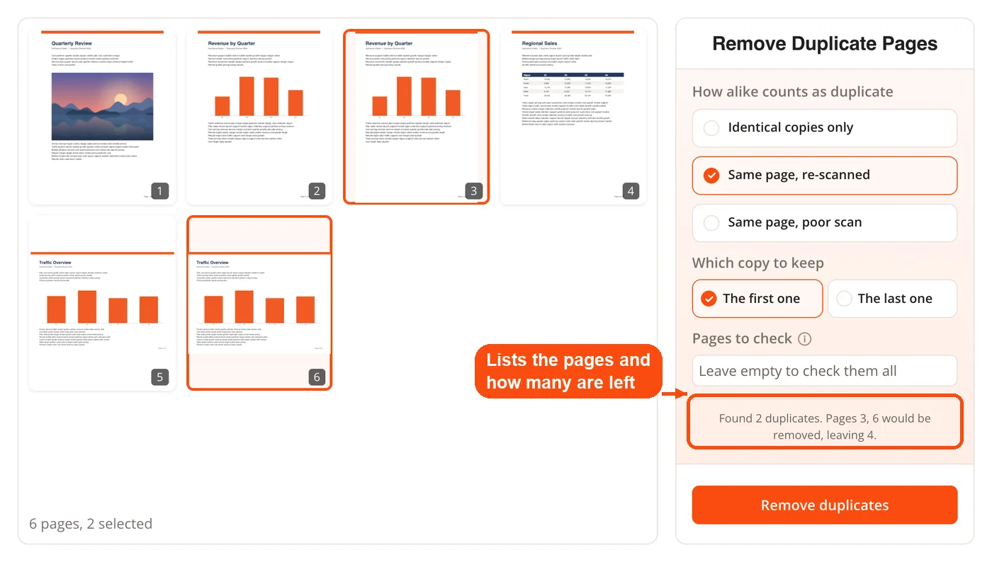 Duplicate pages listed in the panel