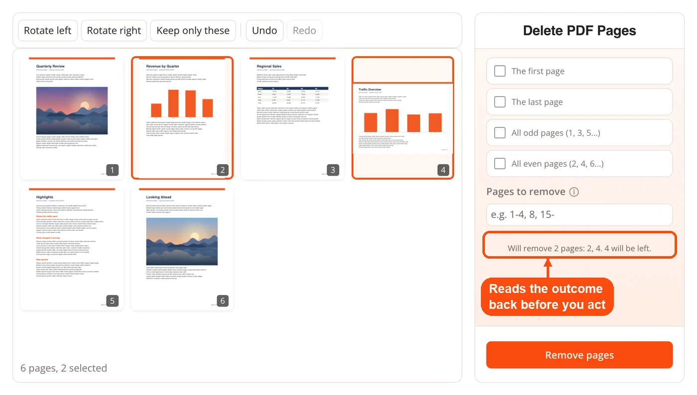 Panel stating which pages will be removed