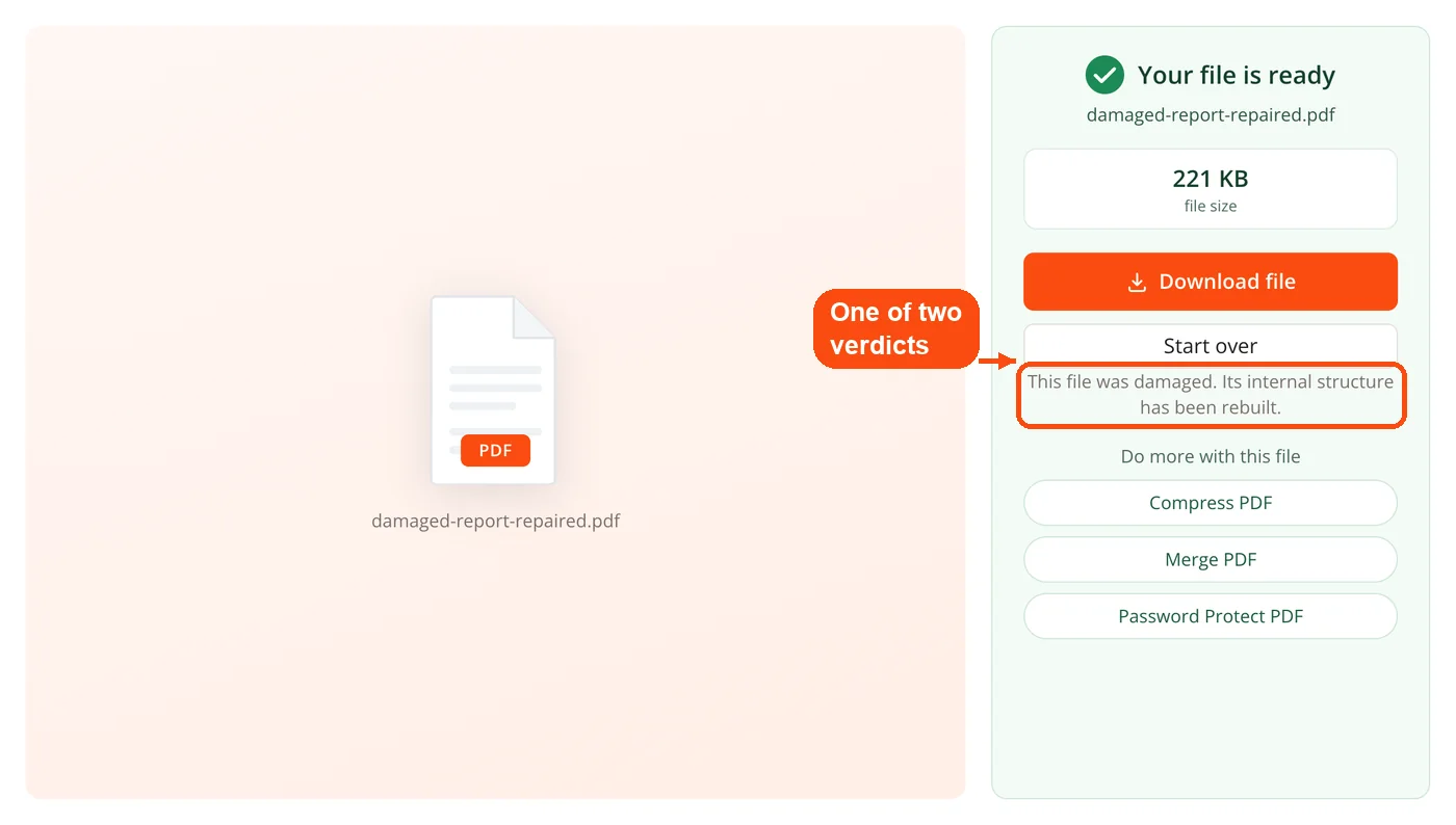 Repair verdict in the result panel
