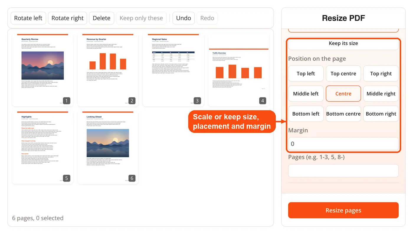 Options for how content fits the new page