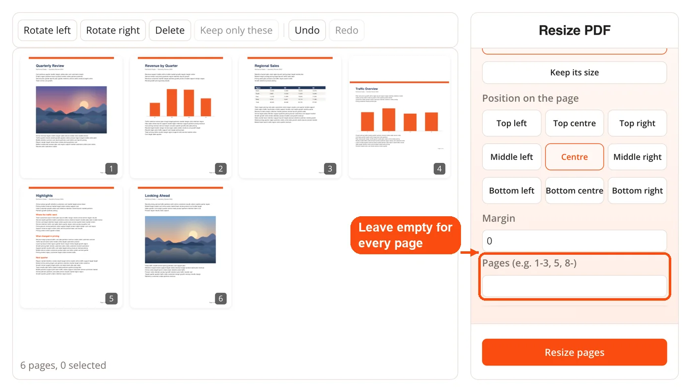Page range for resizing