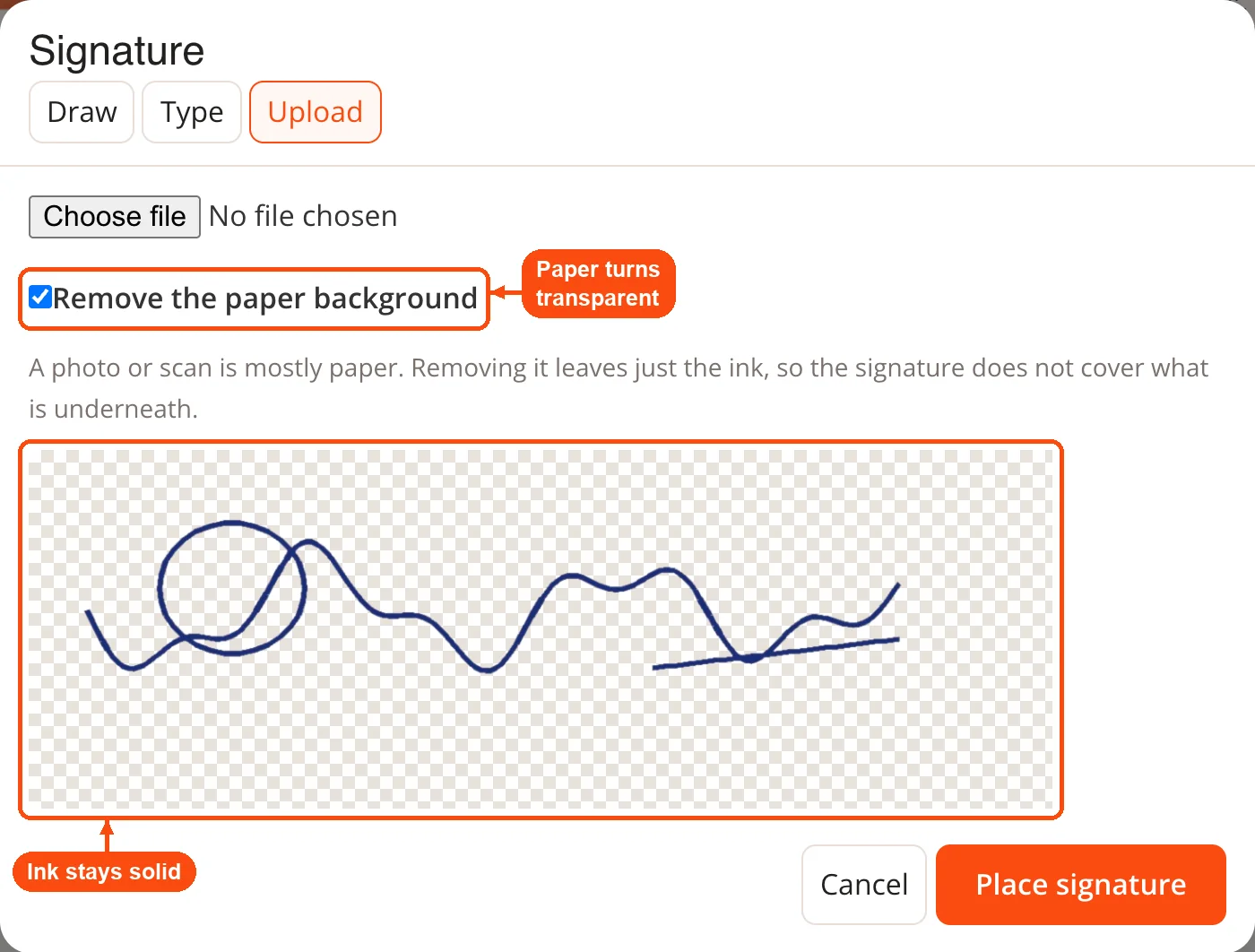 Uploaded signature with paper removed