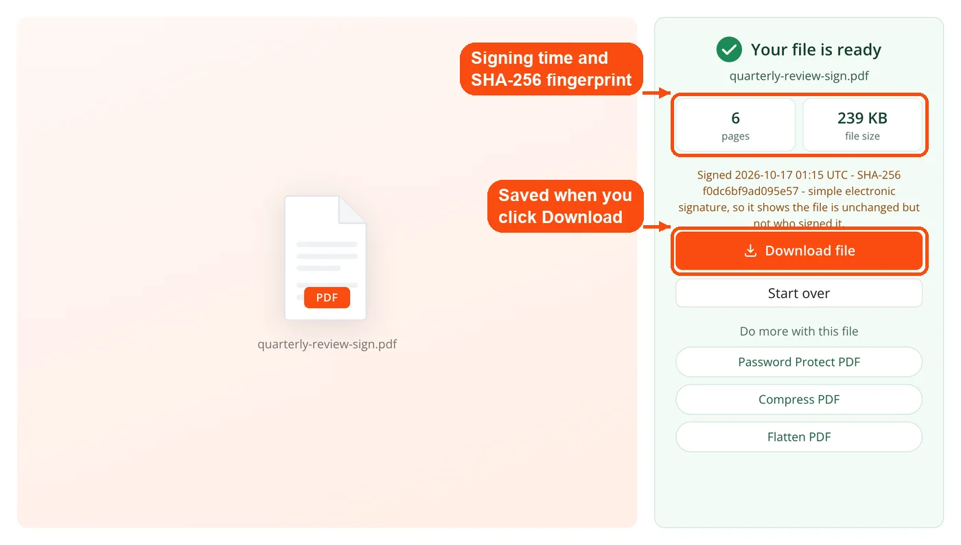 Signed PDF with time and fingerprint