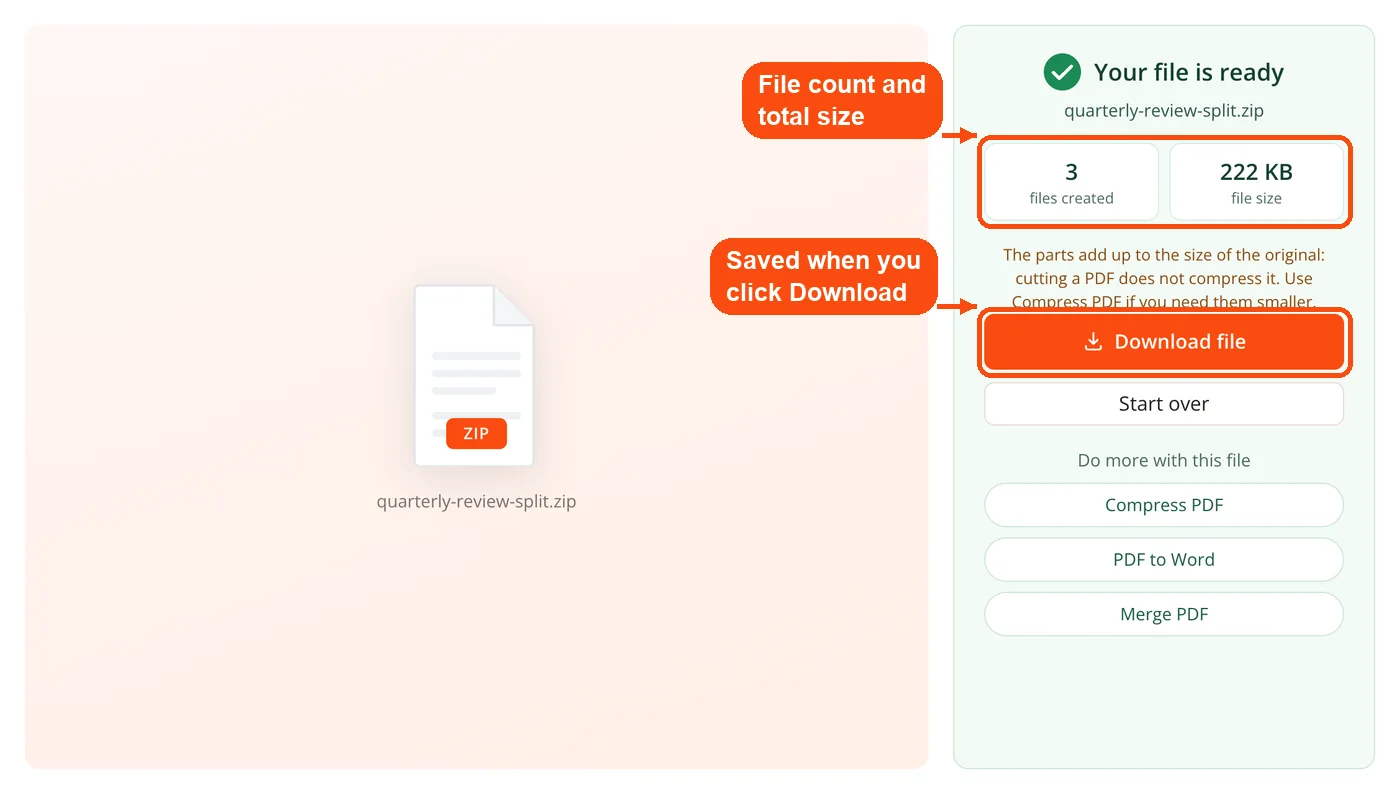 Result with file count, size and download