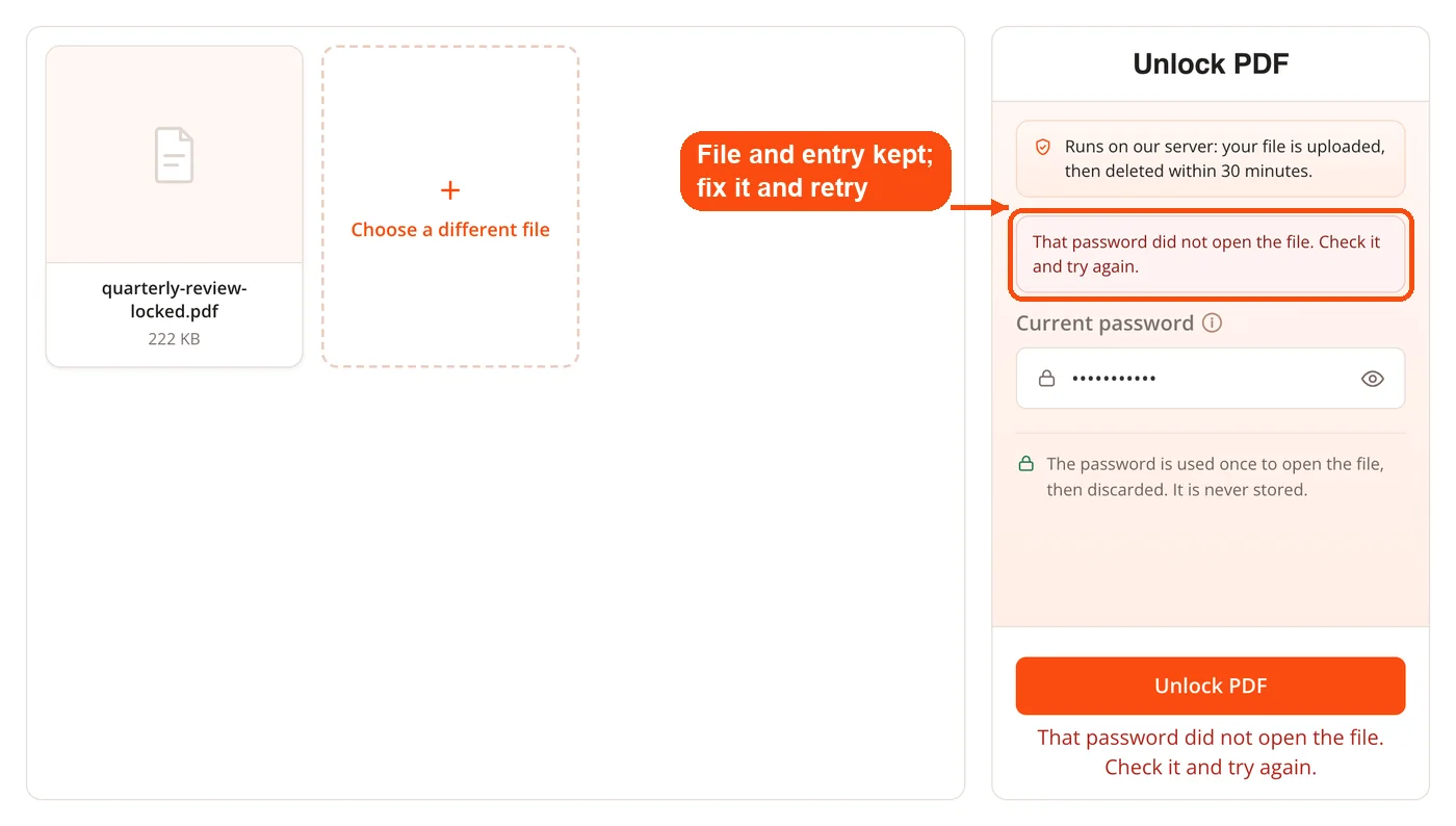 Message after a wrong password