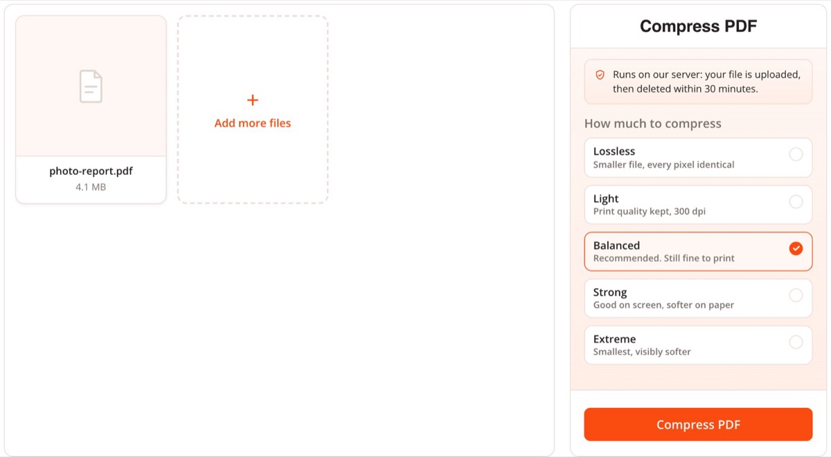 Compress PDF with five compression levels