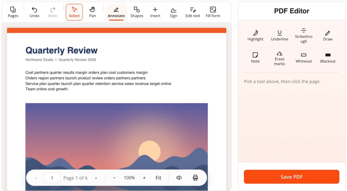 PDF Editor with highlight, note, draw, whiteout and blackout tools