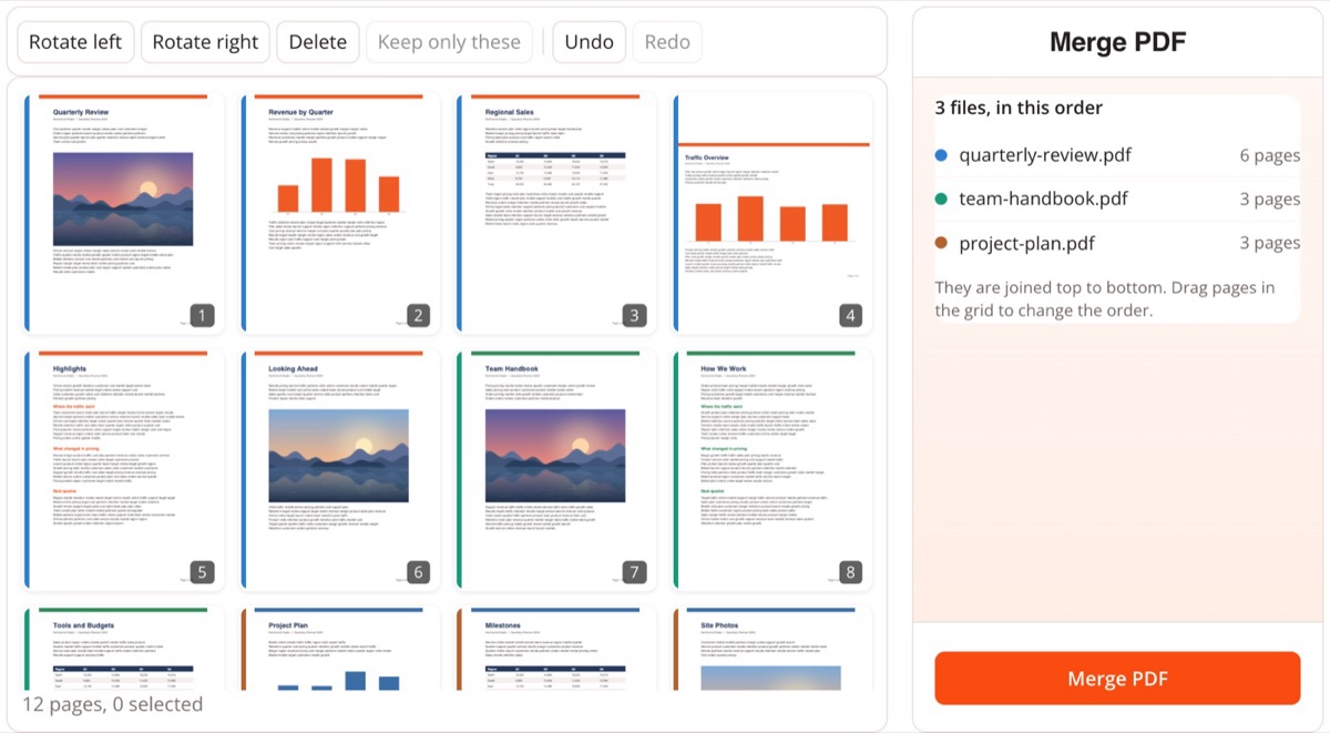 Merge PDF: pages of three PDFs in one grid, ready to reorder